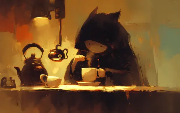 A mysterious figure in a hood stirs a cup of coffee at a warm, inviting table, surrounded by a teapot and soft, ambient light. Artistic and atmospheric, this 4K Ultra HD wallpaper captures comfort.