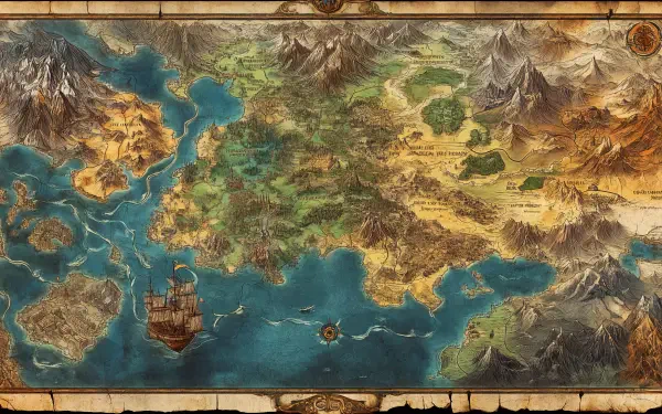 Detailed fantasy map displaying diverse landscapes, including mountains, forests, and seas, accompanied by an ornate ship, designed as a 4K Ultra HD PC desktop wallpaper.