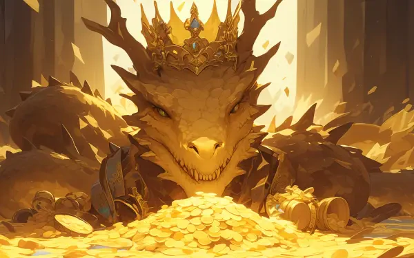 A majestic dragon adorned with a crown rests atop a mound of sparkling treasure, bathed in warm, golden light. This captivating fantasy scene makes an impressive 4K Ultra HD desktop wallpaper.