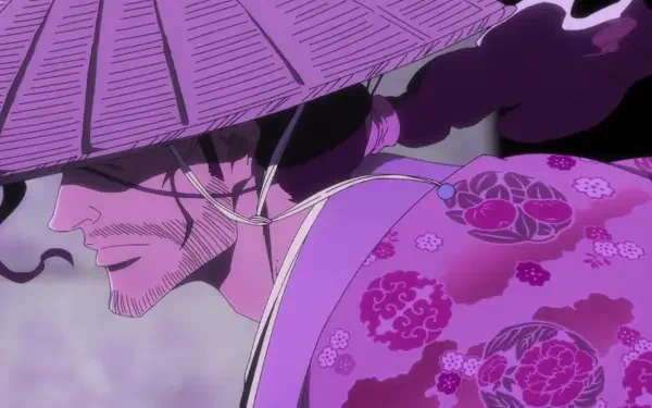 HD desktop wallpaper featuring Shunsui Kyōraku from Bleach: Thousand-Year Blood War, wearing his signature hat and kimono with purple floral patterns.