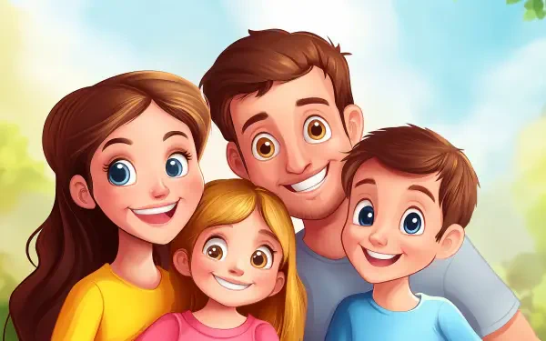 A vibrant illustration of a happy family, featuring four smiling members with bright eyes, set against a cheerful background, perfect for a 4K Ultra HD desktop wallpaper.