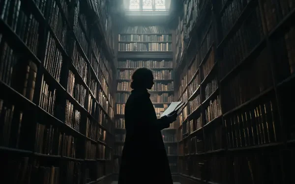 A silhouette of a person reading in a vast, dimly lit library, surrounded by towering bookshelves, embodying the essence of dark academia. 4K Ultra HD wallpaper background.