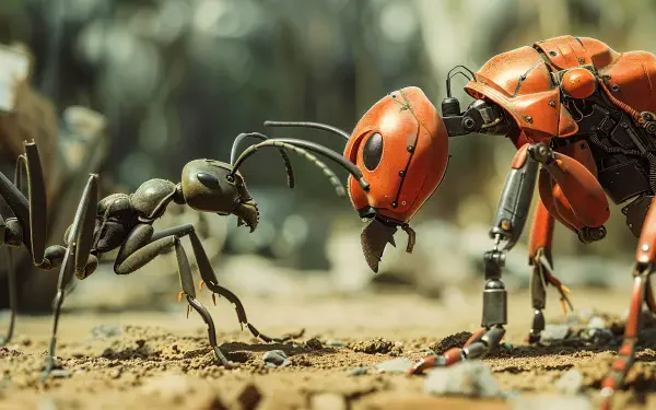A detailed 4K Ultra HD sci-fi desktop wallpaper depicting a close encounter between a natural ant and a futuristic robotic ant, blending nature with advanced technology.