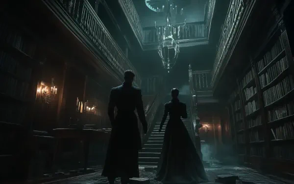 A dark academia-inspired scene featuring two figures in elegant attire standing in a dimly lit, grand library with towering bookshelves and an ornate chandelier. 