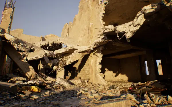 A high-definition desktop wallpaper depicting a destroyed building, featuring rubble and debris, inspired by the action and realism of the video game Delta Force.