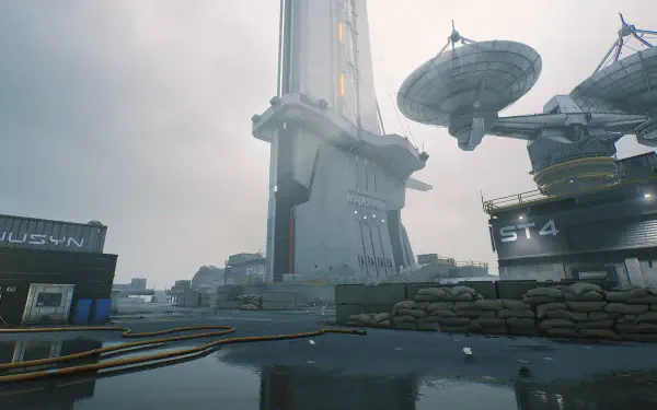 A high-definition desktop wallpaper featuring a futuristic scene from the video game Delta Force, showcasing a towering structure and satellite dishes in an atmospheric setting.