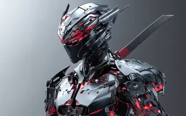 A detailed 4K Ultra HD cyberpunk robot samurai clad in sleek, futuristic armor with glowing red accents against a neutral background.
