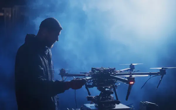 A man operates a drone in a misty, atmospheric setting, showcasing the precision and technology of drone operation in this 4K Ultra HD desktop wallpaper.