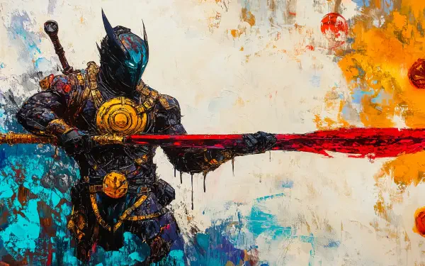 A striking sci-fi psionic warrior stands poised with a red energy weapon, set against a vibrant abstract background of bold colors. A dramatic 4K Ultra HD desktop wallpaper.