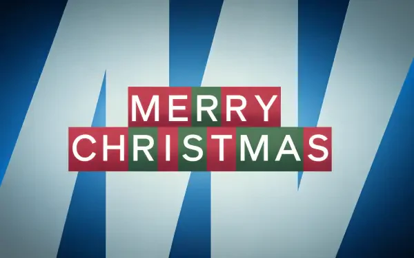 A vibrant 4K Ultra HD desktop wallpaper featuring the festive text Merry Christmas in bold, colorful letters against a modern blue background.