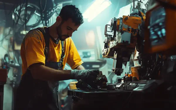 A focused mechanic in a workshop meticulously works on machinery, surrounded by tools and equipment, showcasing a dynamic atmosphere in this 4K Ultra HD desktop wallpaper.