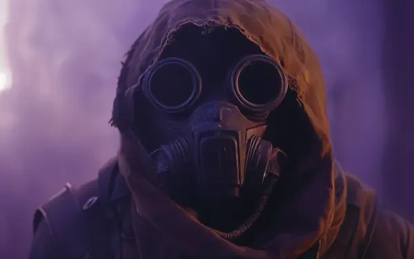 A mysterious figure wearing a gas mask and hood stands amidst a purple haze, depicting a smuggler theme in this striking 4K Ultra HD desktop wallpaper.