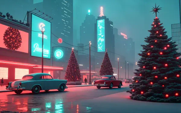 A vibrant Christmas scene featuring retro cars and decorated trees, set against a bustling neon cityscape, captured in stunning 4K Ultra HD for a unique desktop wallpaper.