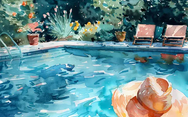 A serene poolside scene featuring a sparkling blue pool surrounded by vibrant flowers, lounge chairs, and a sunhat, captured in a beautiful watercolor style, perfect as a 4K Ultra HD desktop wallpaper.