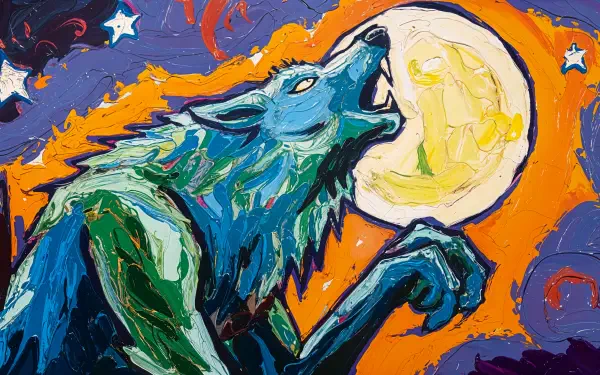 A vibrant werewolf howls at a large, glowing moon against a colorful night sky, creating a striking 4K Ultra HD background for desktop or wallpaper.