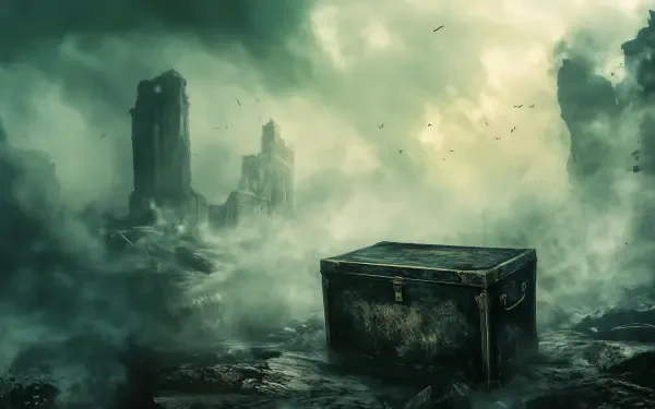 A mysterious, weathered Pandora's Box sits amidst a fog-covered landscape, with crumbling ruins emerging from the mist, creating an atmospheric HD desktop wallpaper.