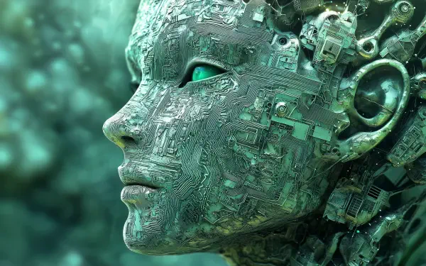 A detailed, metallic robot face with glowing eyes, reflecting themes of sci-fi and an AI uprising, serves as an engaging HD desktop wallpaper and background.