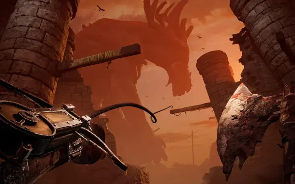 A dramatic scene from Skydance's BEHEMOTH features a colossal creature looming over ancient ruins, with intricate weaponry in the foreground, set against a fiery sunset backdrop.