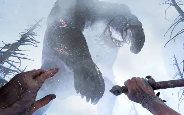 A dramatic scene from Skydance's BEHEMOTH, featuring a towering creature emerging from a snowy landscape as a figure readied for battle. 4K Ultra HD wallpaper brings the intensity to life.