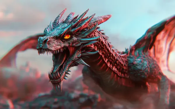 HD PC desktop wallpaper of a fierce wyvern with sharp spikes and glowing eyes, set against a misty, mountainous background.