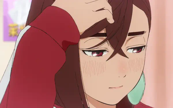 HD anime wallpaper featuring Momo Ayase from Dandadan with a contemplative expression, wearing a red sweater and large teal earrings.