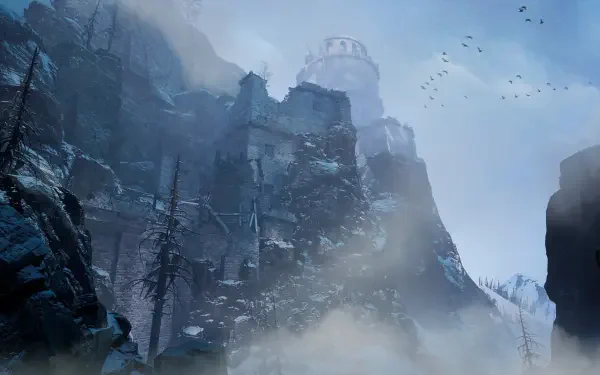 A captivating 4K Ultra HD wallpaper from Skydance's BEHEMOTH, showcasing a misty, rugged landscape with ancient structures perched on rocky cliffs.