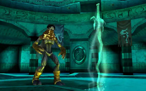 A vibrant HD wallpaper from the video game Legacy of Kain: Soul Reaver 1 & 2 Remastered, featuring a character in an ethereal setting with a glowing sword.