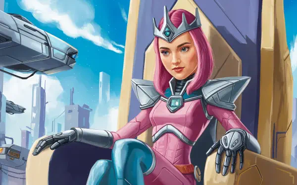 A sci-fi queen with pink hair and metallic armor sits confidently on a throne, surrounded by futuristic architecture and flying ships, captured in vibrant 4K Ultra HD detail.