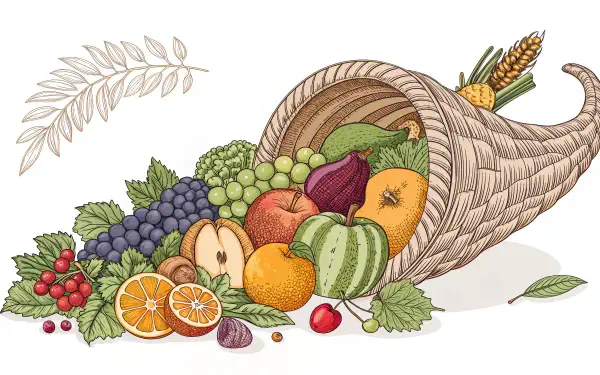 A vibrant cornucopia overflowing with fruits, including grapes, apples, oranges, and more, set against a clean background, creating a striking 4K Ultra HD desktop wallpaper.