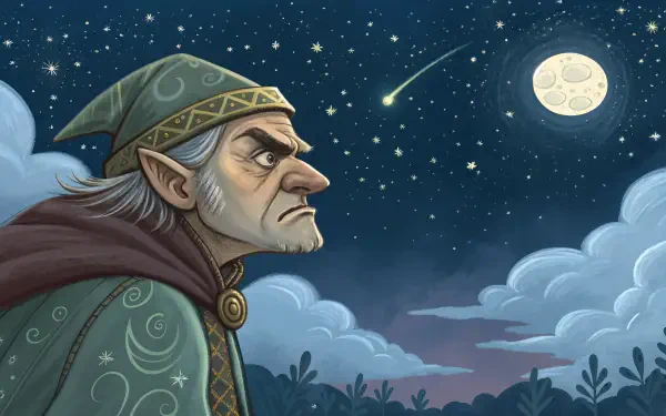 A grumpy, elderly figure in a wizard hat stares at a starry night sky with a bright moon and a shooting star, creating a captivating 4K Ultra HD desktop wallpaper background.