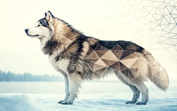 A majestic malamute stands in profile, artistically rendered with geometric patterns against a serene snowy backdrop, showcasing its beauty in this 4K Ultra HD desktop wallpaper.