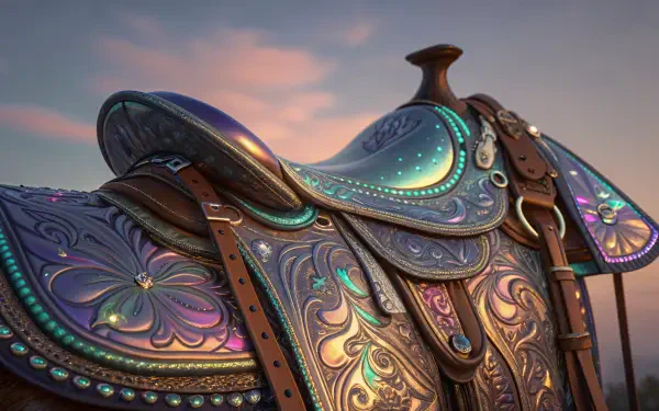 A beautifully crafted saddle with intricate patterns and vibrant colors, set against a soft sunset background, designed as a stunning 4K Ultra HD desktop wallpaper.