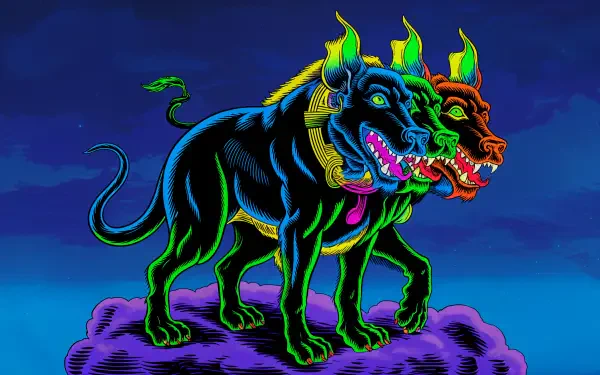 A vibrant 4K Ultra HD wallpaper featuring Cerberus, the three-headed dog, depicted with striking colors and mythical elements against a celestial background.