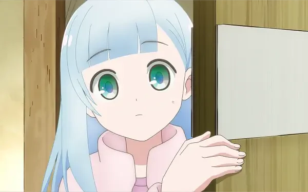 A vibrant anime character with blue hair and striking green eyes peeks from behind a door, creating an engaging scene in this HD PC desktop wallpaper and background themed around dungeon adventures.