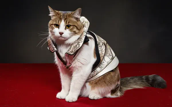 A stylish cat in a patterned vest sits on a red surface, set against a dark background. This image serves as a striking 4K Ultra HD PC desktop wallpaper.