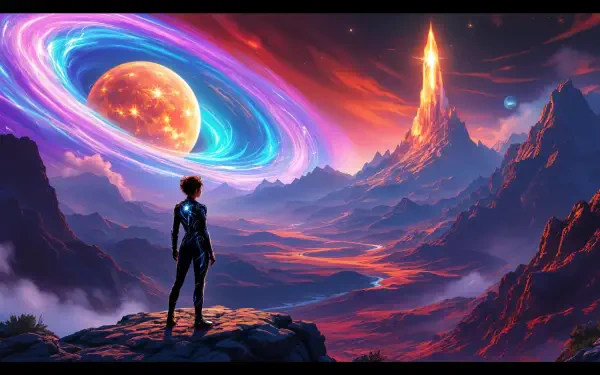 A stunning 4K Ultra HD wallpaper depicting an explorer standing on a rocky outcrop, gazing at a vibrant exoplanet with a majestic ringed planet and towering mountain landscapes.