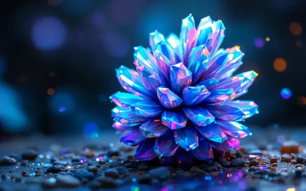 A vibrant blue crystal pine cone glows with iridescent gems on a dark, textured surface in stunning 4K Ultra HD resolution.