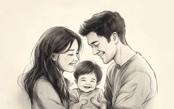 A joyful family illustration featuring a mother and father smiling at their laughing baby, captured in a 4K Ultra HD wallpaper, radiating warmth and happiness.