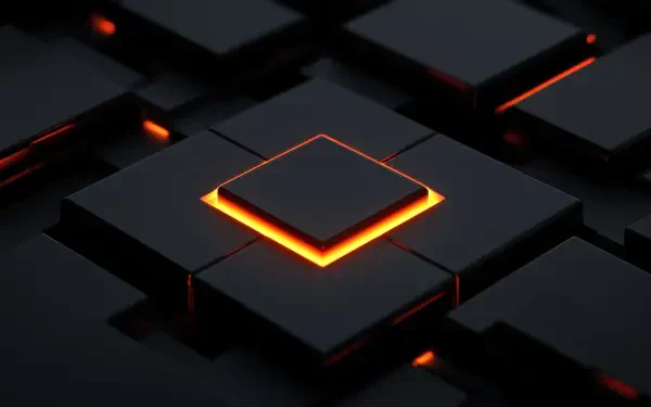 Abstract black geometric pattern with glowing orange accents, creating a striking, high-definition PC desktop wallpaper and background.