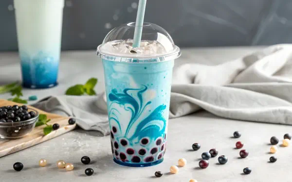 A vibrant bubble tea drink with a blue swirl and tapioca pearls, set against a soft background, serves as a colorful 4K Ultra HD PC desktop wallpaper and background.
