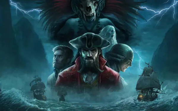 A dramatic 4K Ultra HD wallpaper featuring characters from the game Flint: Treasure of Oblivion, set against a stormy backdrop with pirate ships and a looming skull.