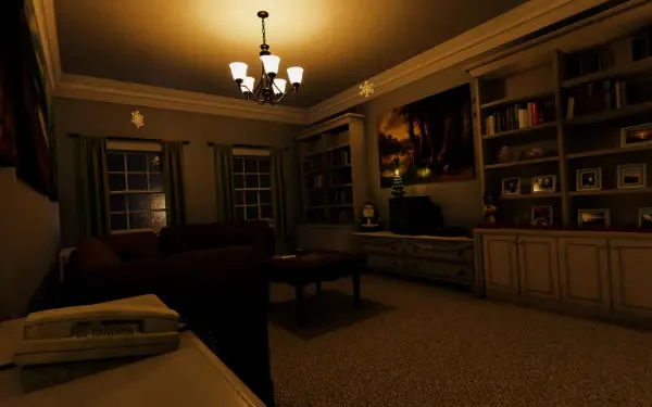 A cozy, dimly lit living room with a chandelier and bookshelves, featured as a 4K Ultra HD desktop wallpaper for the video game Among Ashes.