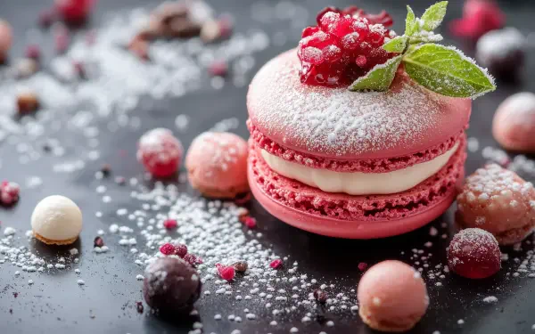 HD PC desktop wallpaper featuring a close-up of a pink macaron dusted with powdered sugar, garnished with pomegranate seeds and a fresh mint leaf on a dark surface.
