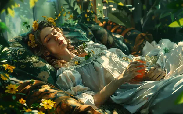 A serene image of a woman sleeping peacefully on a floral-patterned couch, surrounded by greenery and sunlight, creating a relaxing, tranquil atmosphere. 4K Ultra HD resolution.