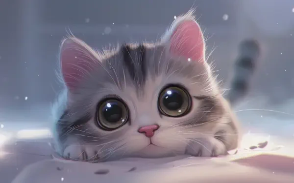 A cute cat with large, expressive eyes rests its chin on a surface, surrounded by a soft, dreamy atmosphere, capturing a charming moment in a 4K Ultra HD wallpaper.