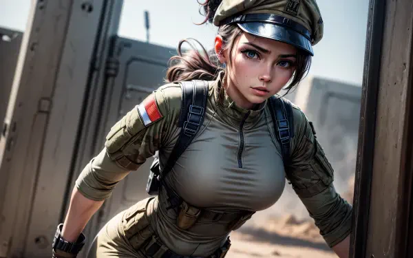 HD anime-style wallpaper featuring a beautiful, cute anime girl in detailed military attire with a focused expression, set in an outdoor environment.
