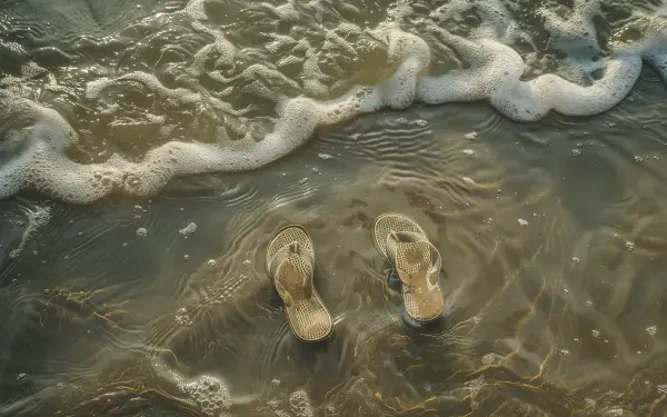 A close-up of flip flops resting in shallow water, with gentle waves lapping around them, captured in a stunning 4K Ultra HD background, evoking a serene beach atmosphere.