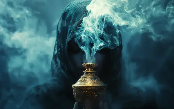 A mystical figure shrouded in smoke holds a golden lamp, capturing the essence of a djinn. A captivating 4K Ultra HD wallpaper for any desktop background.