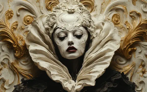 A renaissance-inspired portrait of a woman with intricate makeup and a dramatic collar, set against a richly textured background, serves as a striking 4K Ultra HD wallpaper.