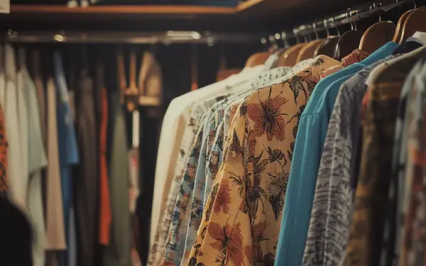 A close-up view of a wardrobe filled with hanging clothes, featuring floral patterns and various colors. This 4K Ultra HD wallpaper offers a stylish background for your desktop.